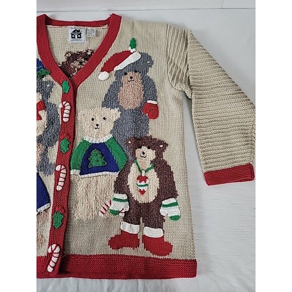Storybook Knits Cardigan Sweater Women1X  Beige Bear ChristmasTree Hidden Button - Picture 3 of 9